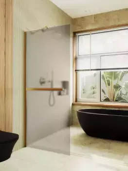 Душевая перегородка в широком профиле MaybahGlass 195х109 профиль золотой, стекло бронзовое матовое с полотенцедержателем