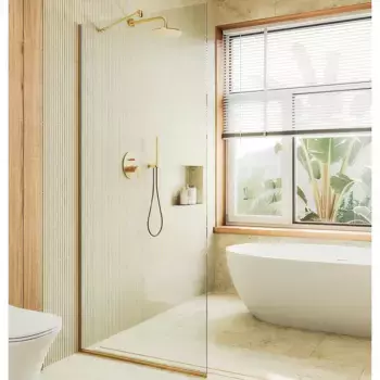 Душевая перегородка в узком профиле Maybahglass 195х109 профиль золотой, стекло прозрачное