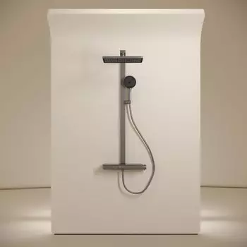 Душевая стойка Sancos Vos с термостатическим смесителем, изливом, полкой, шлангом 1,5 м, верхним и ручным душем, цвет вороненая сталь SC6100GG