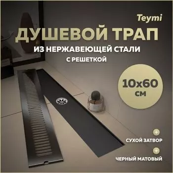 Душевой трап с сухим затвором вертикальный выпуск Teymi Helmi 10х60 c решеткой черный T90332