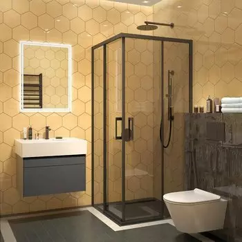 Душевой уголок KERAMA MARAZZI Vetro 100х100 см, раздвижная дверь, 2 секции двери, профиль матовый черный