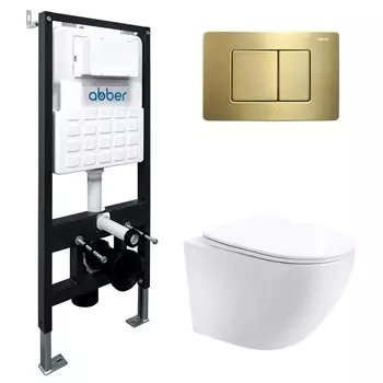 Комплект Abber Bequem AC1100T-AC0105-AC0120MMG, Унитаз подвесной безободковый, с микролифтом + Система инсталляции + Кнопка смыва золото матовое