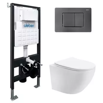 Комплект Abber Bequem AC1100T-AC0105-AC0120NG, Унитаз подвесной безободковый, с микролифтом + Система инсталляции + Кнопка смыва никель