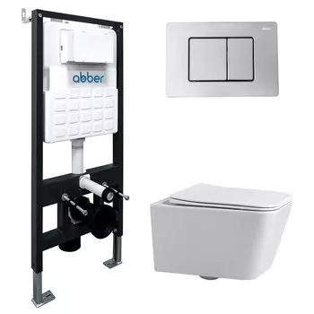 Комплект Abber Rechteck AC1201-AC0105-AC0120, Унитаз подвесной безободковый, с микролифтом + Система инсталляции + Кнопка смыва хром