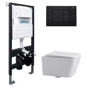 Комплект Abber Rechteck AC1201-AC0105-AC0120MB, Унитаз подвесной безободковый, с микролифтом + Система инсталляции + Кнопка смыва черная матовая
