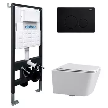 Комплект Abber Rechteck AC1201-AC0105-AC0121MB Унитаз подвесной безободковый, с микролифтом + Система инсталляции + Кнопка смыва матовая черная