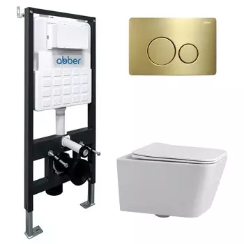 Комплект Abber Rechteck AC1201-AC0105-AC0121MMG, Унитаз подвесной безободковый, с микролифтом + Система инсталляции + Кнопка смыва матовое золото