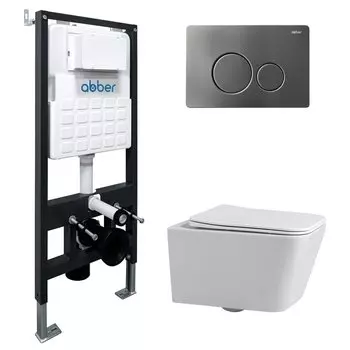 Комплект Abber Rechteck AC1201-AC0105-AC0121NG, Унитаз подвесной безободковый, с микролифтом + Система инсталляции + Кнопка смыва никель