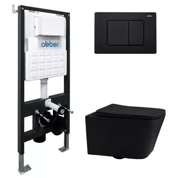 Комплект Abber Rechteck AC1201MB-AC0105-AC0120MB, Унитаз подвесной безободковый, с микролифтом + Система инсталляции + Кнопка смыва матовая черная