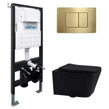Комплект Abber Rechteck AC1201MB-AC0105-AC0120MMG, Унитаз подвесной безободковый, с микролифтом + Система инсталляции + Кнопка смыва матовое золото