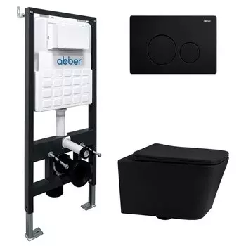 Комплект Abber Rechteck AC1201MB-AC0105-AC0121MB, Унитаз подвесной безободковый, с микролифтом + Система инсталляции + Кнопка смыва матовая черная