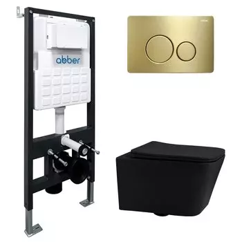 Комплект Abber Rechteck AC1201MB-AC0105-AC0121MMG, Унитаз подвесной безободковый, с микролифтом + Система инсталляции + Кнопка смыва матовое золото