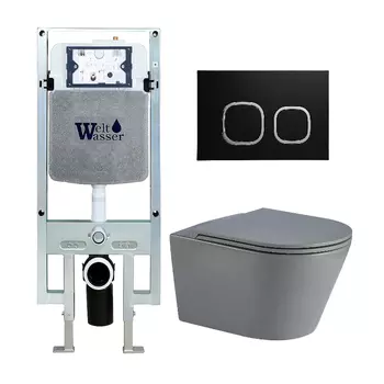Комплект унитаза WeltWasser Salzbach 041 c инсталляцией AMBERG 497 серый матовый, с сиденьем микролифт и клавишей смыва AMBERG RD-BL черный матовый
