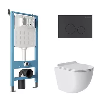 Комплект Aqueduto AQDS088T Унитаз подвесной Ovo безободковый, с микролифтом, смыв Tornado + Система инсталляции для унитазов Tecnica Novo + Кнопка смыва Circulo черная матовая
