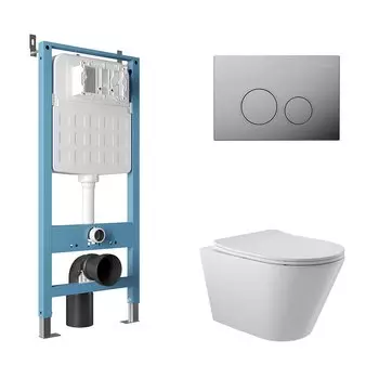 Комплект Aqueduto AQDS092 Унитаз подвесной Cone безободковый, с микролифтом + Система инсталляции для унитазов Tecnica Novo + Кнопка смыва Circulo хром