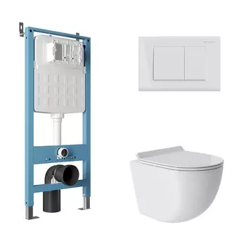 Комплект Aqueduto AQDS094T Унитаз подвесной Ovo безободковый, с микролифтом, смыв Tornado + Система инсталляции для унитазов Tecnica Novo + Кнопка смыва Quadrado белая глянцевая