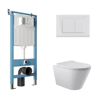 Комплект Aqueduto AQDS095 Унитаз подвесной Cone безободковый, с микролифтом + Система инсталляции для унитазов Tecnica Novo + Кнопка смыва Quadrado белая глянцевая