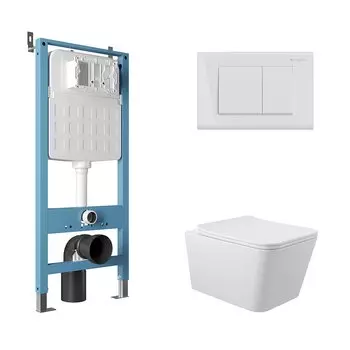 Комплект Aqueduto AQDS096 Унитаз подвесной Macio безободковый, с микролифтом + Система инсталляции для унитазов Tecnica Novo + Кнопка смыва Quadrado белая глянцевая