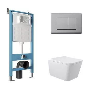 Комплект Aqueduto AQDS102 Унитаз подвесной Macio безободковый, с микролифтом + Система инсталляции для унитазов Tecnica Novo + Кнопка смыва Quadrado хром