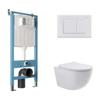 Комплект Aqueduto AQDS106 Унитаз подвесной Ovo безободковый, с микролифтом + Система инсталляции для унитазов Tecnica Novo + Кнопка смыва Quadrado белая глянцевая