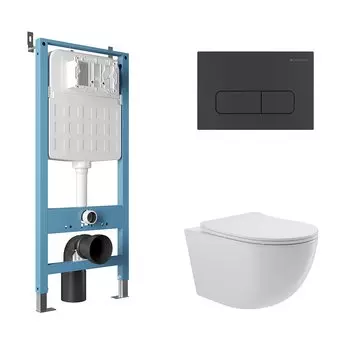 Комплект Aqueduto AQDS113 Унитаз подвесной Ovo безободковый, с микролифтом + Система инсталляции для унитазов Tecnica Novo + Кнопка смыва Forma черная матовая
