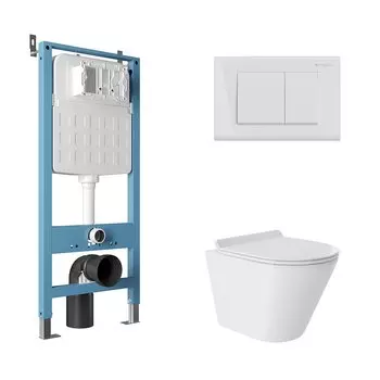 Комплект Aqueduto AQDS116T Унитаз подвесной Cone безободковый, с микролифтом, смыв Tornado + Система инсталляции для унитазов Tecnica Novo + Кнопка смыва Quadrado белая глянцевая