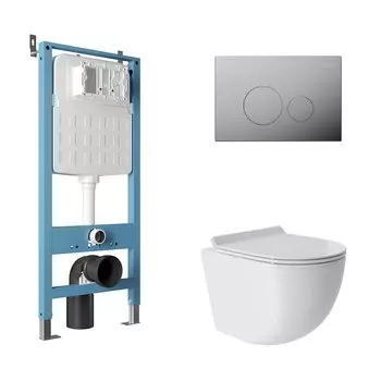 Комплект Aqueduto AQDS169T Унитаз подвесной Ovo безободковый, с микролифтом, смыв Tornado + Система инсталляции для унитазов Tecnica Novo + Кнопка смыва Circulo Novo хром