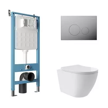 Комплект Aqueduto AQDS174T Унитаз подвесной Ovo Plus безободковый, с микролифтом, смыв Tornado + Система инсталляции для унитазов Tecnica Novo + Кнопка смыва Circulo Novo хром