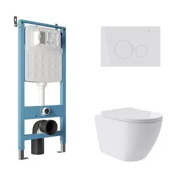 Комплект Aqueduto AQDS183T Унитаз подвесной Ovo Plus безободковый, с микролифтом, смыв Tornado + Система инсталляции для унитазов Tecnica Novo + Кнопка смыва Circulo Novo белая глянцевая
