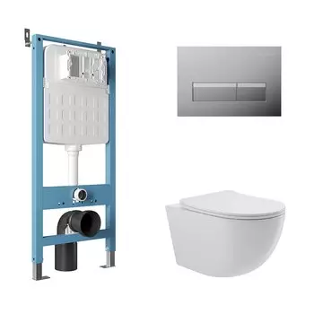 Комплект Aqueduto AQDS199 Унитаз подвесной Ovo безободковый, с микролифтом + Система инсталляции для унитазов Tecnica Novo + Кнопка смыва Retangulo Novo хром