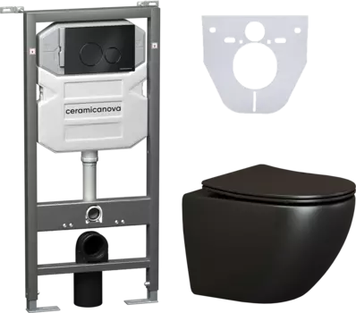 Комплект Унитаз подвесной Ceramicanova Metropol CN4002MB безободковый, с микролифтом + Инсталляция Envision CN1001B + Кнопка Round, черная матовая