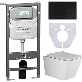 Комплект Унитаз подвесной Ceramicanova Metric CN3007 безободковый, с микролифтом + Инсталляция Envision CN1001B + Кнопка Round, черная матовая