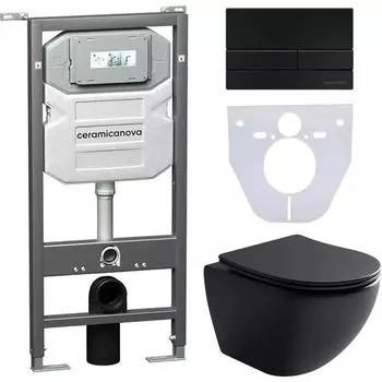 Комплект Унитаз подвесной Ceramicanova Metropol CN4002MB безободковый, с микролифтом + Инсталляция Envision CN1002B + Кнопка Flat, черная матовая