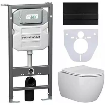 Комплект подвесного унитаза с инсталляцией Ceramica Nova Play с черной матовой кнопкой