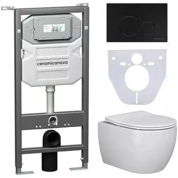 Комплект Унитаз подвесной Ceramicanova Play CN3001 безободковый, с микролифтом + Инсталляция Envision CN1001B + Кнопка Round, черная матовая