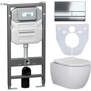 Комплект Унитаз подвесной Ceramicanova Play CN3001 безободковый, с микролифтом + Инсталляция Envision CN1002CH + Кнопка Flat, хром