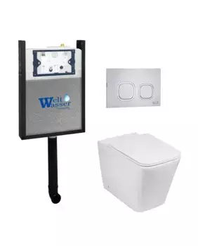 Комплект приставного унитаза WeltWasser Gelbach 002 с инсталляцией AMBERG 404 белый, с сиденьем микролифт и клавишей смыва AMBERG RD-MT CR хром матовый