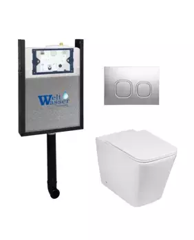 Комплект приставного унитаза WeltWasser Gelbach 002 с инсталляцией AMBERG 404 белый, с сиденьем микролифт и клавишей смыва AMBERG RD-CR хром