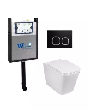 Комплект приставного унитаза WeltWasser Gelbach 002 с инсталляцией AMBERG 404 белый, с сиденьем микролифт и клавишей смыва AMBERG RD-BL черный матовый