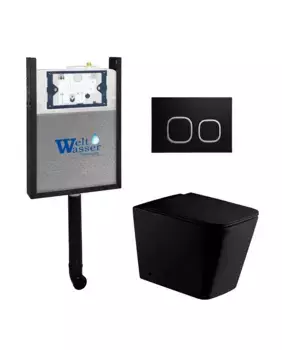 Комплект приставного унитаза WeltWasser Gelbach 002 с инсталляцией AMBERG 404 черный матовый, с сиденьем микролифт и клавишей смыва AMBERG RD-BL черный матовый