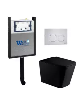 Комплект приставного унитаза WeltWasser Gelbach 002 с инсталляцией AMBERG 404 черный матовый, с сиденьем микролифт и клавишей смыва AMBERG RD-MT CR хром матовый