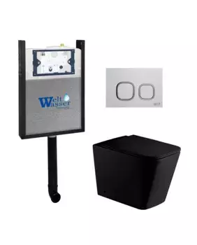 Комплект приставного унитаза WeltWasser Gelbach 002 с инсталляцией AMBERG 404 черный матовый, с сиденьем микролифт и клавишей смыва AMBERG RD-WT белый