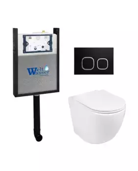 Комплект приставного унитаза WeltWasser Merzbach 002 с инсталляцией AMBERG 404 белый, с сиденьем микролифт и клавишей смыва AMBERG RD-BL черный матовый