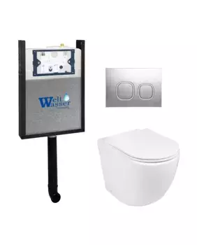 Комплект приставного унитаза WeltWasser Merzbach 002 с инсталляцией AMBERG 404 белый, с сиденьем микролифт и клавишей смыва AMBERG RD-CR хром