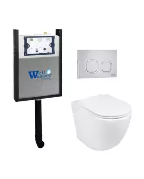 Комплект приставного унитаза WeltWasser Merzbach 002 с инсталляцией AMBERG 404 белый, с сиденьем микролифт и клавишей смыва AMBERG RD-MT CR хром матовый