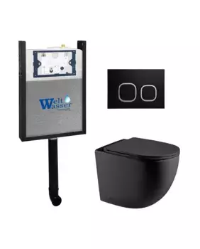 Комплект приставного унитаза WeltWasser Merzbach 002 с инсталляцией AMBERG 404 черный матовый, с сиденьем микролифт и клавишей смыва AMBERG RD-BL черный матовый