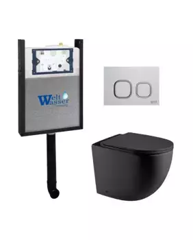 Комплект приставного унитаза WeltWasser Merzbach 002 с инсталляцией AMBERG 404 черный матовый, с сиденьем микролифт и клавишей смыва AMBERG RD-WT белый