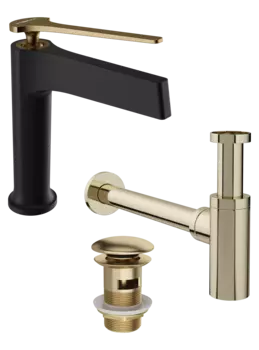 Комплект Смеситель STWORKI Аулум S06010BG матовый черный, матовое золото + Сифон SD-001GM золото матовое + Донный клапан SW-001GM золото матовое