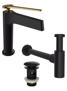 Комплект Смеситель STWORKI Аулум S06010BG матовый черный, матовое золото + Сифон SD-001BK черный матовый + Донный клапан SW-001BK черный матовый