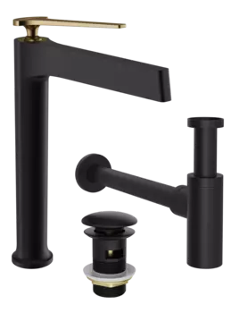 Комплект Смеситель STWORKI Аулум S06020BG матовый черный, матовое золото + Сифон SD-001BK черный матовый + Донный клапан SW-001BK черный матовый